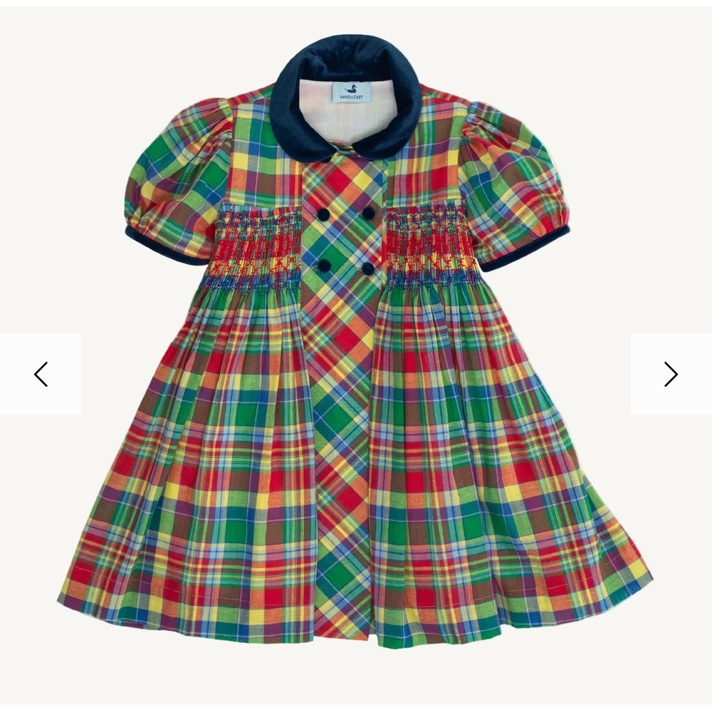 Nanducket Kids Playground Plaid Smocked Dress Girl 4T Multi Color Cotton Holiday